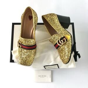Gucci Peyton Web Stripe Gold Glitter Platform Loafers 37.5